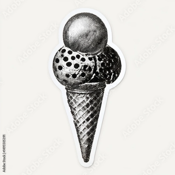 Obraz Vintage style black and white halftone ice cream cone with three scoops in retro design