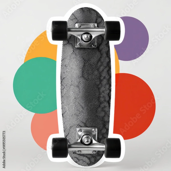 Obraz Skateboard with black wheels and halftone textured deck on colorful circle background