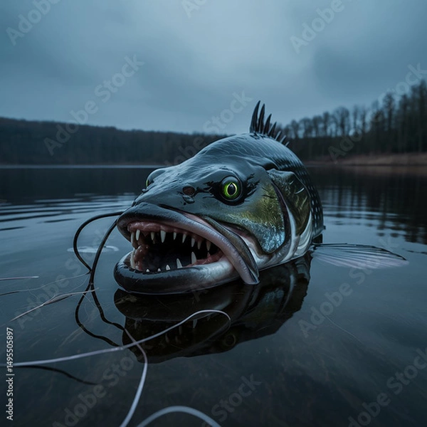 Obraz Surreal digital illustration of a fierce fish with sharp teeth emerging from the water under a cloudy sky with forest background