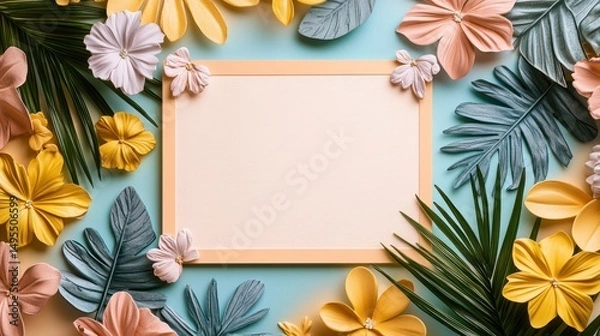 Fototapeta Pastel colored flowers and tropical leaves artfully arranged around a blank frame.