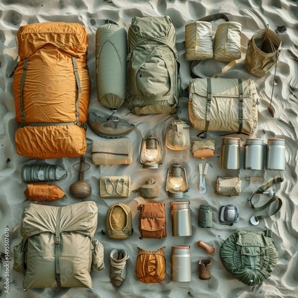 Fototapeta flat lay of desert camping gear like tent and lantern, textured sand surface, minimalist style, warm natural light, earthy beige and green tones, top-down view 