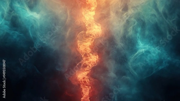 Fototapeta Abstract fiery column rising between swirling teal smoke.