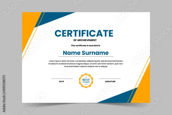 Obraz Modern elegant blue and yellow geometric certificate template. Appreciation for business and education. Vector illustration