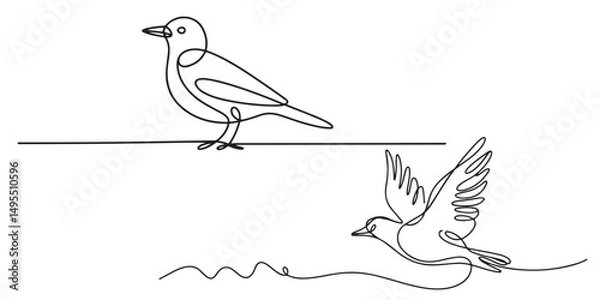 Obraz One Line Drawing Minimalist Bird Illustration, Continuous Line Drawing of Birds Perched and in Flight, One Line Drawing of Two Birds Flying and Perched