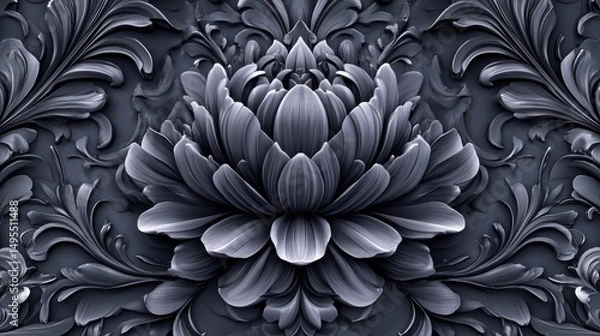 Obraz Ornate, dark gray floral design on a patterned background.