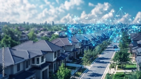Fototapeta Smart city, aerial view of houses connected by digital network.
