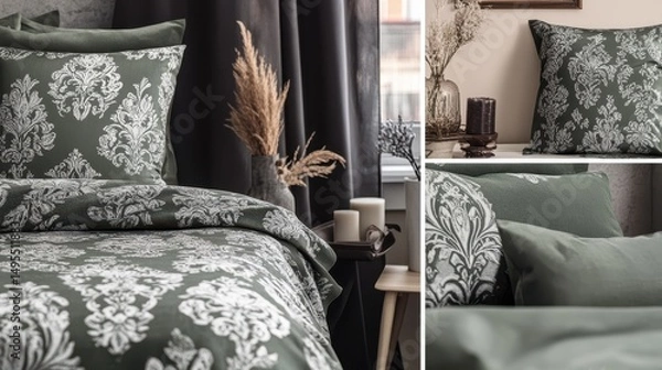 Obraz Elegant, dark gray bedding set with damask pattern.