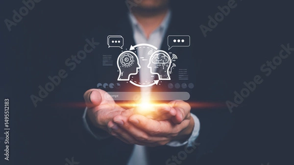 Fototapeta Businessman hold chatbot, Smart artificial intelligence to prompt command. Concept of using AI technology to manage big data, connect network