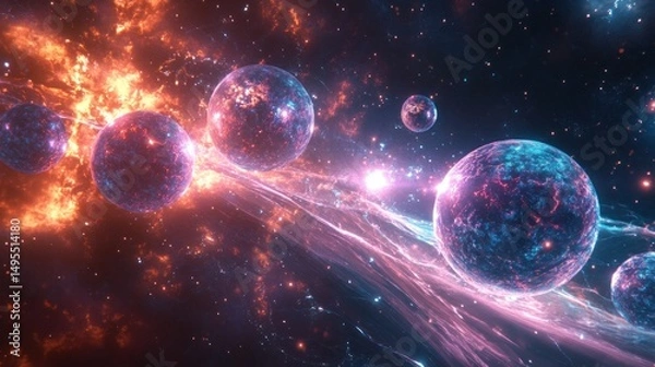 Fototapeta Fiery cosmic explosion with glowing planets and nebula.