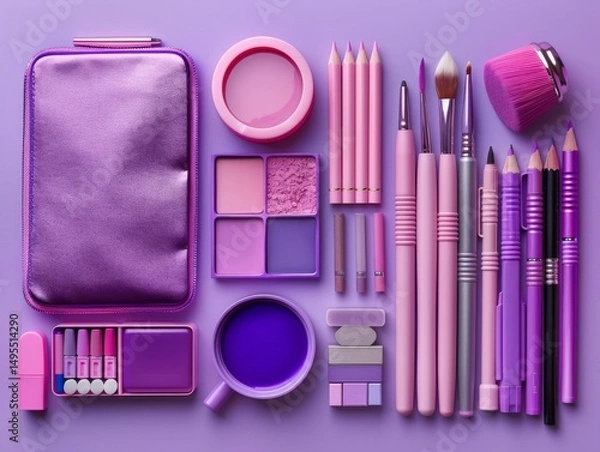 Fototapeta flat lay of AI-driven fashion design tools like digital sketchpad, textured surface, minimalist style, bright studio lighting, vibrant purple and silver tones, top-down view 