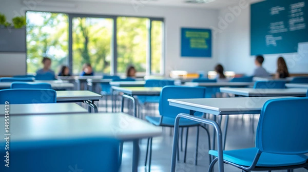 Fototapeta A classroom with blue chairs and tables