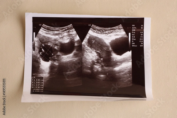Obraz 2D ultrasound photo of a woman's uterus with a cyst. Ovarian cysts are fluid-filled sacs that grow in a woman's ovaries. Beige color backgrounds.
