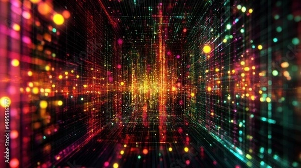 Fototapeta Abstract digital space with glowing particles and lines.