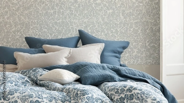 Obraz A bedroom interior featuring a patterned wallpaper and textiles.