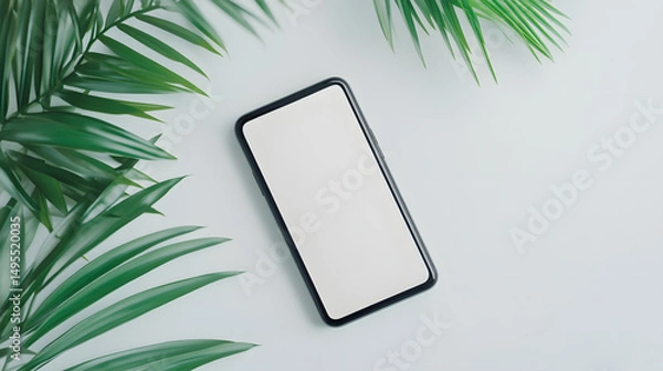 Fototapeta Summer Vibes Smartphone Mockup with Tropical Palm Leaves on White Background, Perfect for App Showcase or Summer Promotion