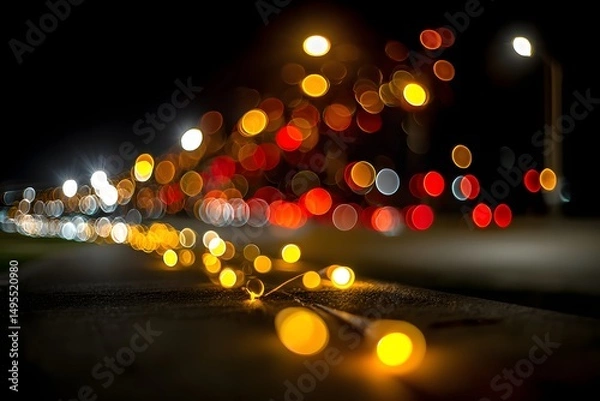 Fototapeta Glistening urban night scene, vibrant colorful lights reflecting on wet pavement, ideal for nightlife promotion content.