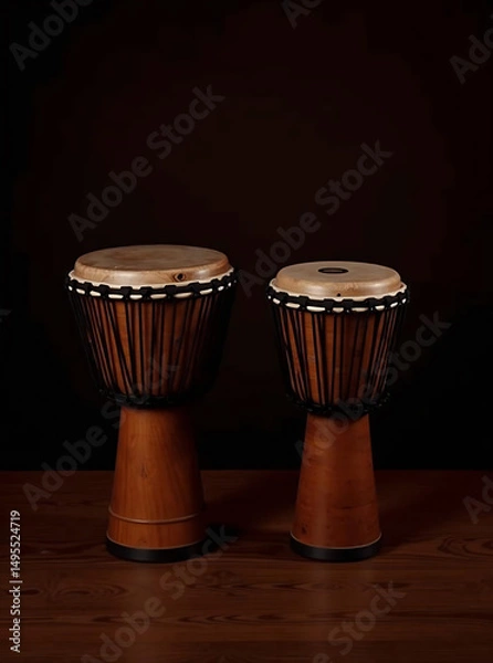 Obraz Two authentic djembe drums on wooden table dark background red art beat life music brown