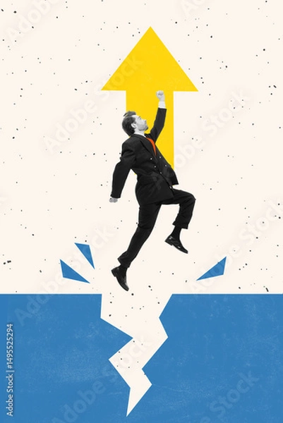 Fototapeta Glass Ceiling Crash. Creative collage. Man in suit leaps from cracked platform toward bold yellow arrow aiming high, breaking limits with energy. Concept of motivation, career success, progress.