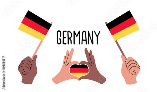 Fototapeta Vector illustration of German flags held by diverse hands forming a heart shape filled with the Germany flag. Perfect for German Unity Day, patriotic events, travel themes, and national celebrations. 