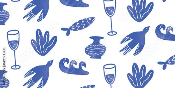 Obraz Seamless pattern with Sardine, Bird, Seaweed, Wave, Ceramic Vase, Wine Glass. Blue marine elements in Mediterranean style. Nautical food and drink motif. Flat vector illustration.