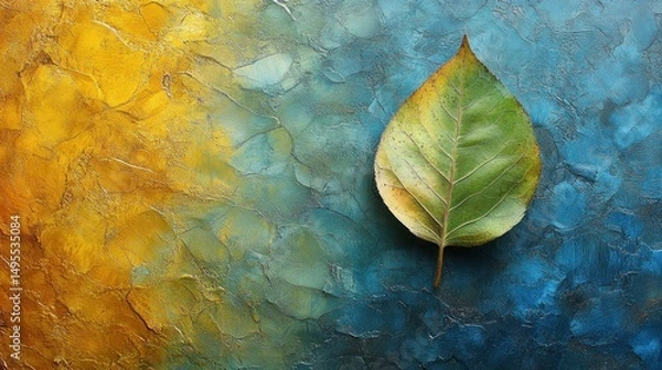Fototapeta A single leaf against textured yellow to blue backdrop represents transition