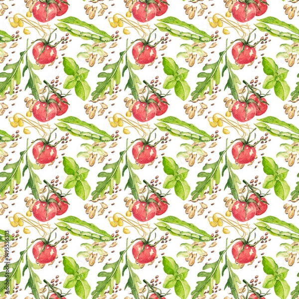 Obraz Summer watercolor seamless pattern. Vegetables for fresh salad: tomatoes, green peas, seeds, basil and sprouted beans. Perfect for your kitchen or cafe design