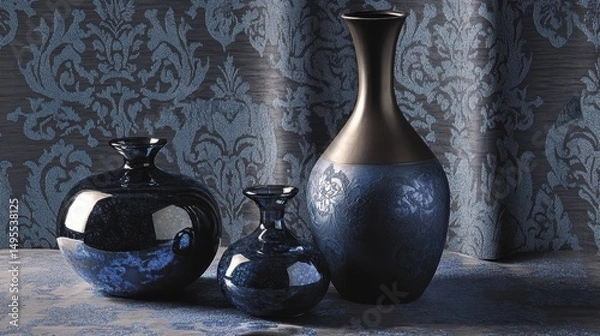 Obraz Three dark blue decorative vases on a patterned fabric background.