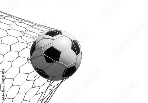 Fototapeta A soccer ball caught in a net against a white background in monochrome style