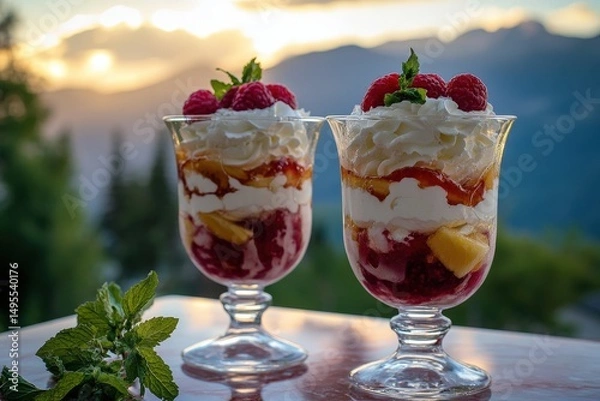 Fototapeta Two layered desserts with raspberries, whipped cream, and fruit.