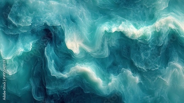 Fototapeta Translucent teal abstract painting capturing ethereal underwater luminescence and depth