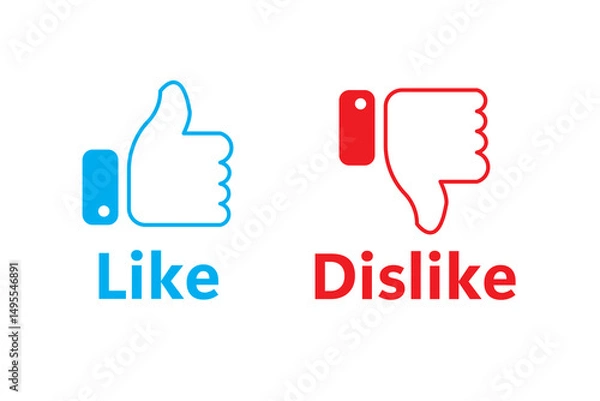 Fototapeta Like and dislike flat icon set with red and blue frame. thumbs up, thumbs down, vector icon