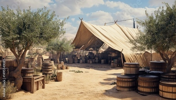 Obraz Desert Oasis Trading Post: A sun-drenched canvas tent shelters barrels and crates amidst olive trees, evoking a sense of ancient commerce and travel in a warm, arid landscape.