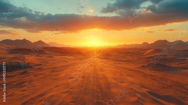 Obraz Desert sunset road, golden hour