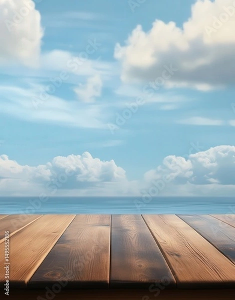 Fototapeta Wooden table top with blurred blue sea and sky in background. Bright summer scene, copy space, outdoor atmosphere.