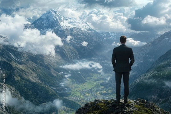 Fototapeta Businessman in suit stands atop mountain, overlooking valley with clouds and snow-capped peaks. Concept of success, achievement, leadership. Hyper-realistic, cinematic style.
