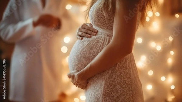 Fototapeta Pregnant woman cradling belly, doctor in blurred background, close-up, high detail, copy space on left, maternity healthcare concept.
