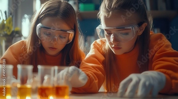 Fototapeta Two young girls in orange sweatshirts and goggles conduct experiments with test tubes in a science class, wearing white gloves. Ultra-realistic, educational setting.