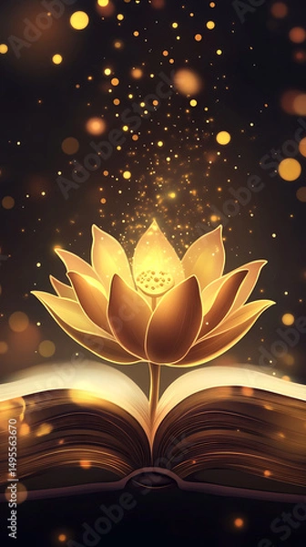 Obraz A glowing golden lotus flower emerges from an open book, surrounded by sparkling lights and a dark background