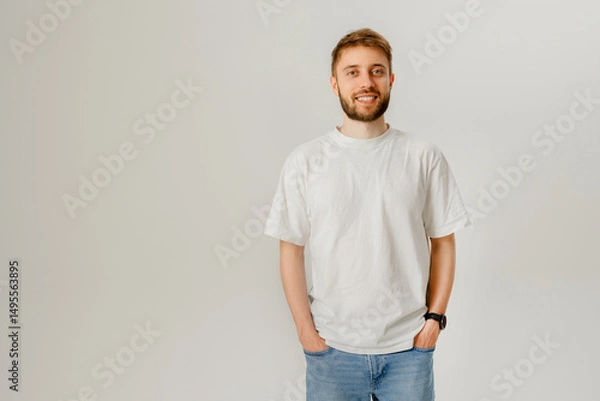 Fototapeta Young man stands casually in a simple white t-shirt with hands in pockets, smiling against a neutral background