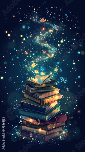 Obraz Enchanted stack of books emitting magical sparkles in a starry night background