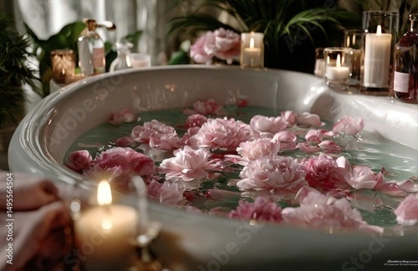 Fototapeta Pink peonies floating in elegant bathtub with lit candles creating relaxing atmosphere