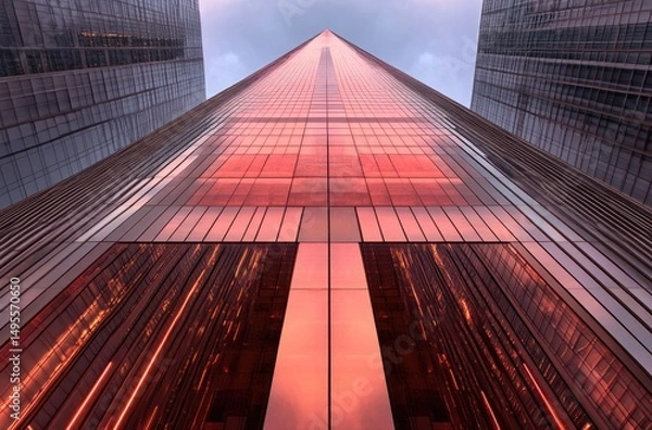 Fototapeta Low angle view with mirrored glass exterior & geometric shape of tall skyscrapers