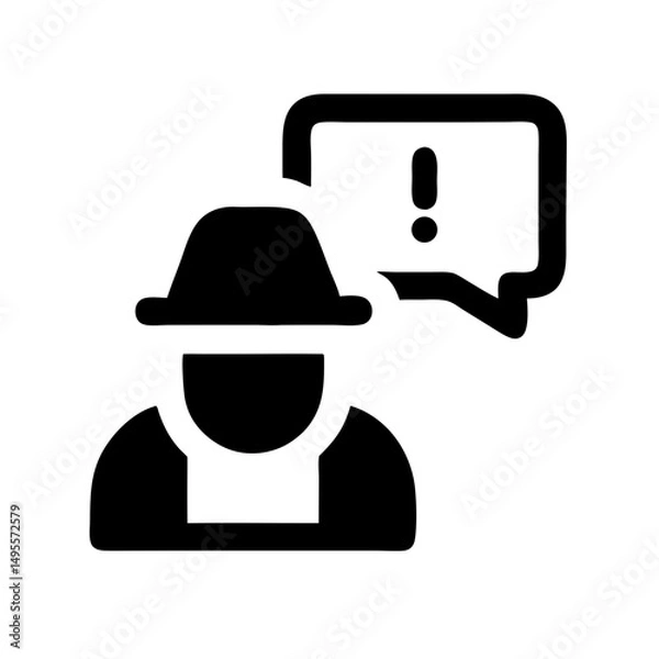Obraz A solid black icon of a figure in a hat with a speech bubble containing an exclamation mark. Use for cybersecurity warnings, anonymous messages, or online threats content.