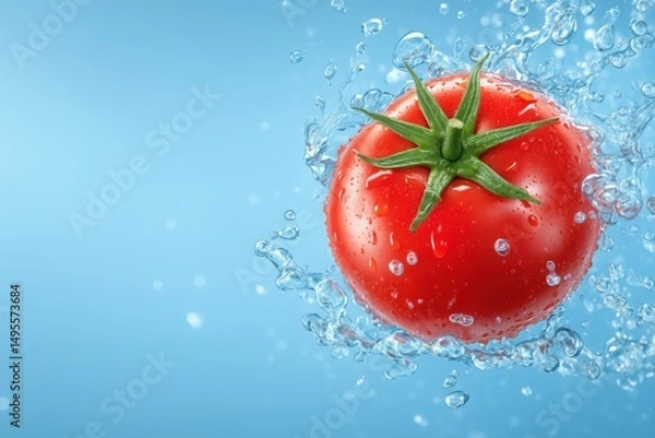 Fototapeta Red tomato splashes into clear water, creating vibrant droplets. Simple solid blue background enhances freshness of produce. Concept of culinary arts, food marketing, grocery