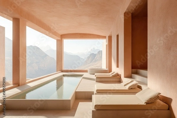 Fototapeta Sun-drenched terrace with pool and mountain views.  Beige, minimalist architecture