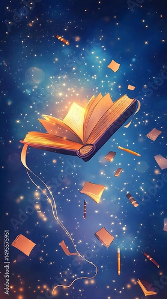 Fototapeta A magical open book surrounded by floating pages and sparkles in a dreamy cosmic background