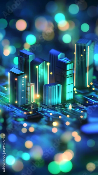 Fototapeta Futuristic city skyline illuminated with colorful lights on a circuit board, representing technology integration