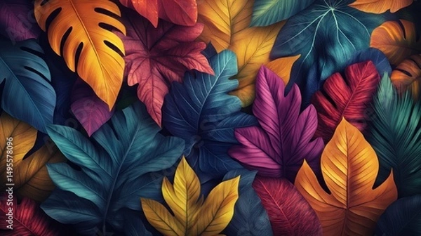 Fototapeta Vibrant foliage compilation: A symphony of colorful leaves in close harmony