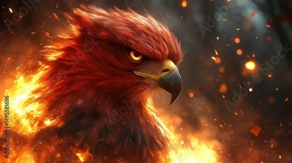 Fototapeta A majestic phoenix bird engulfed in vibrant flames, symbolizing rebirth and power