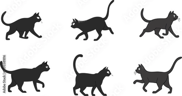 Obraz Black Cat Walk Cycle Silhouette – Vector Animation Frames Set